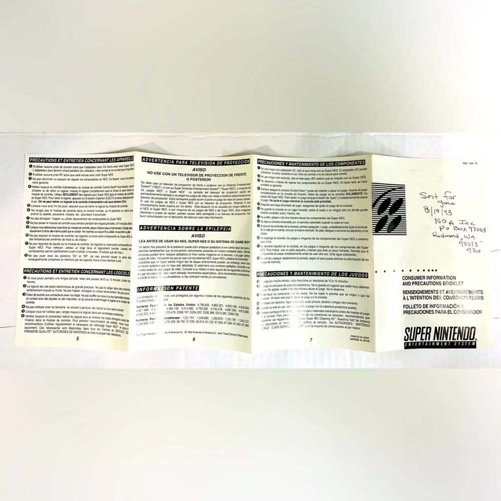 CONSUMER INFORMATION and PRECAUTIONS BOOKLET for 1991 Nintendo SNES.